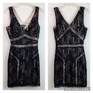 Bebe nude illusion black lace mini dress EUC